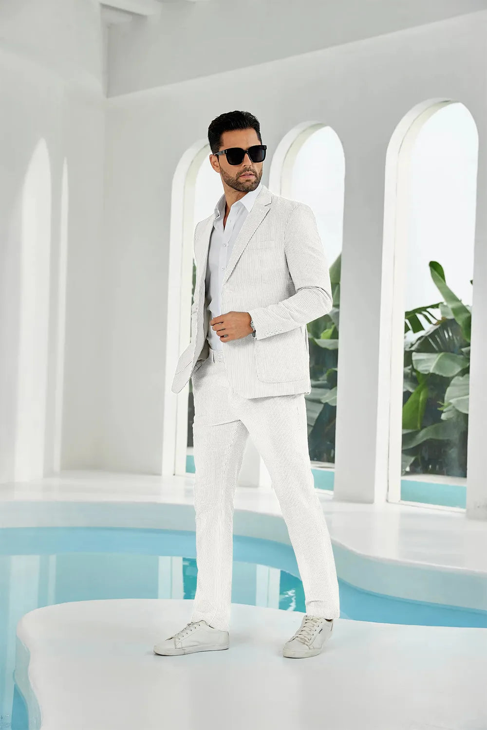 Ivory white seersucker striped blazer pants 2 piece men's summer suit upgrade version side display