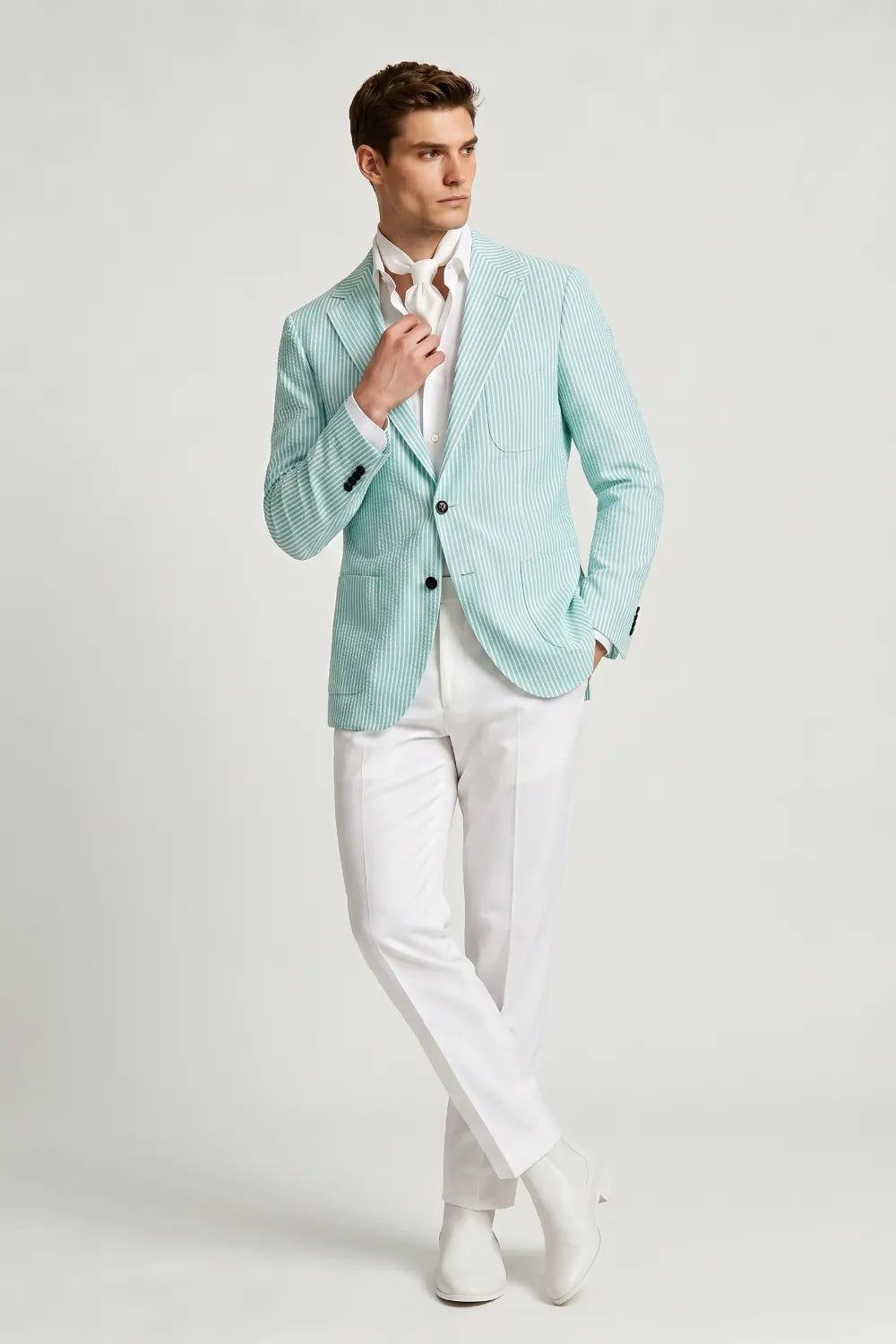 Men's Mint Green Striped Notch Lapel Seersucker Blazer
