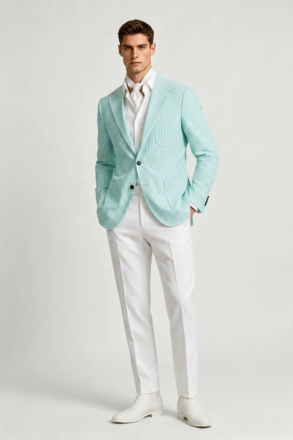 Men's Mint Green Striped Notch Lapel Seersucker Blazer