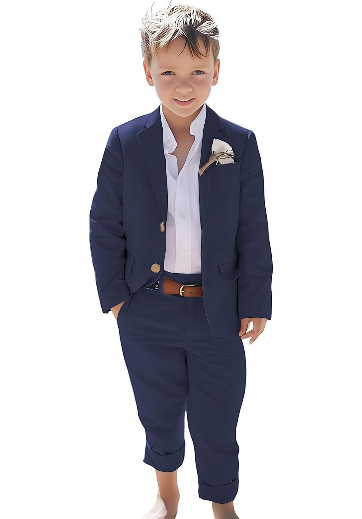 Boys 2 piece navy linen suit set for beach events and formal summer style