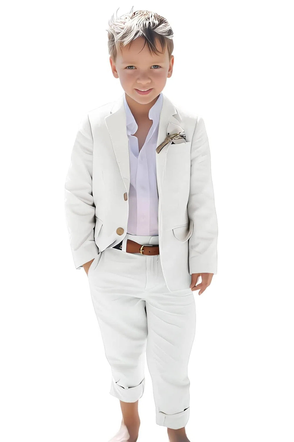 Boys 2 piece white linen suit set for beach events and formal summer style