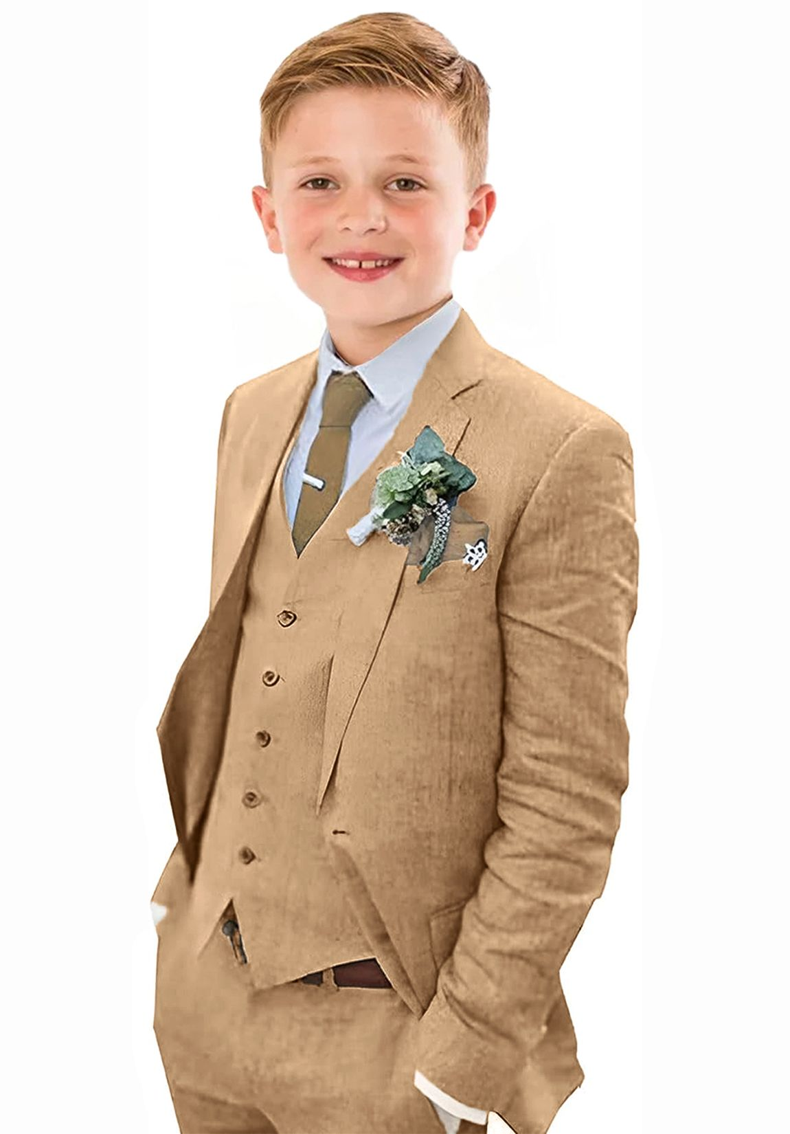 Khaki 3 piece boys linen suit with vest and jacket – breathable summer wedding outfit