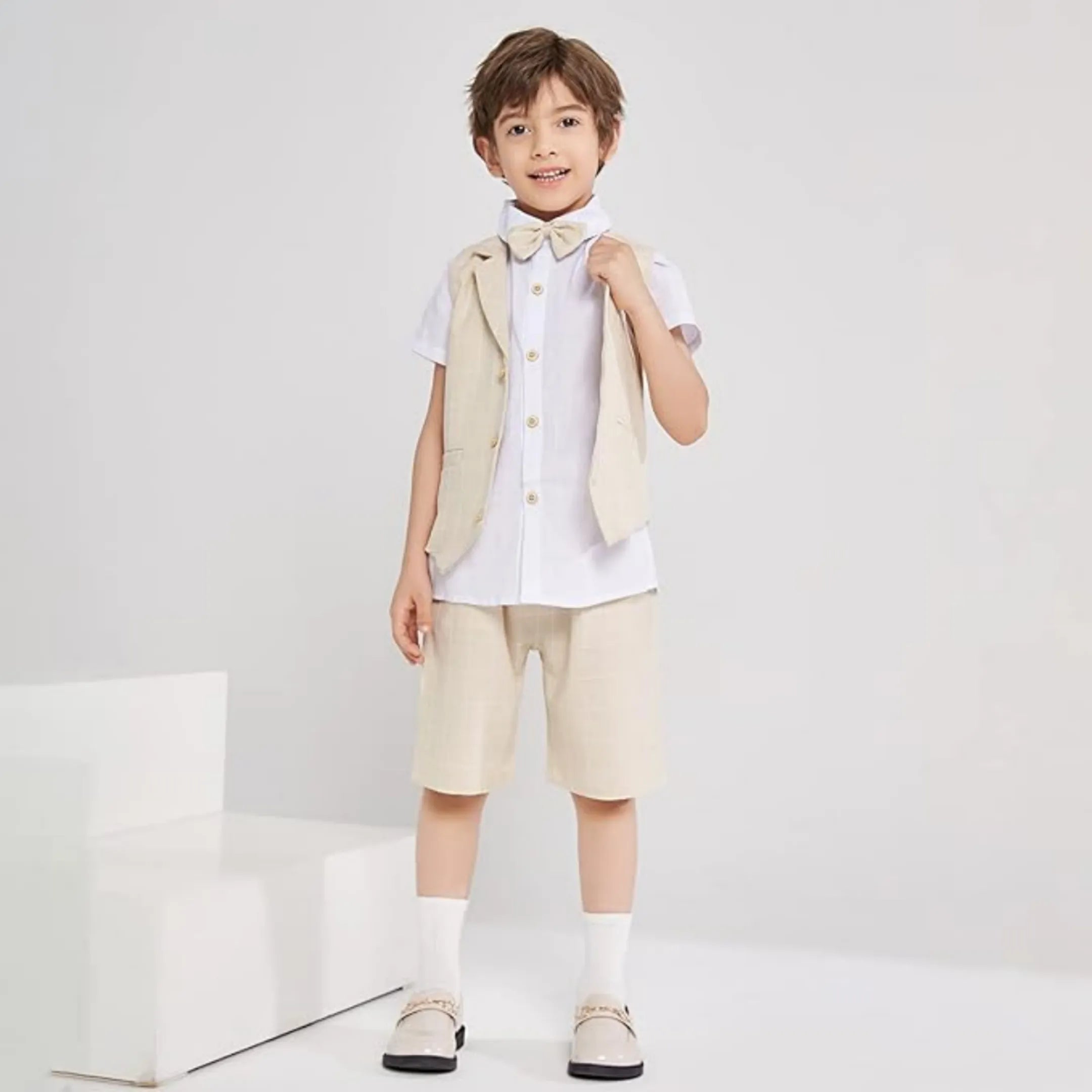 lightweight khaki summer boys 4 piece suit with matching vest, shorts, white shirt, and bow tie