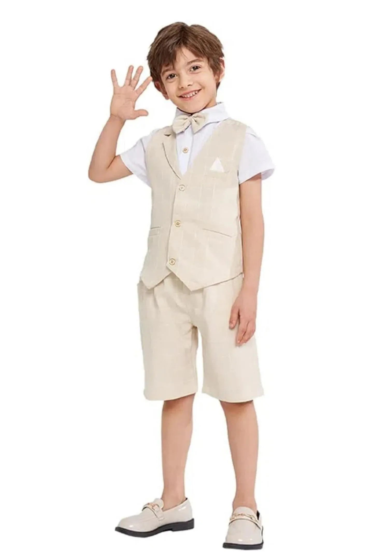 khaki plaid boys 4 piece suit with vest, shorts, short-sleeve shirt, and bow tie for summer weddings or parties