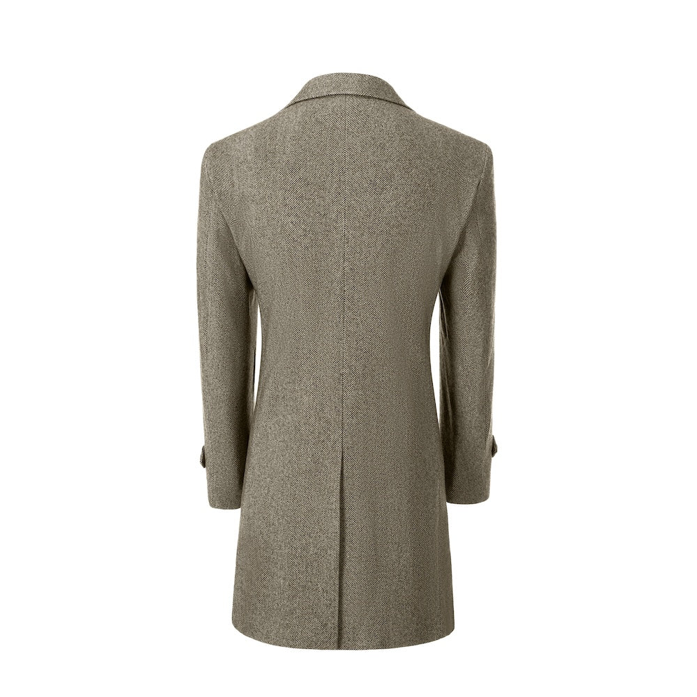 Khaki back view of long coat for men – tailored winter style