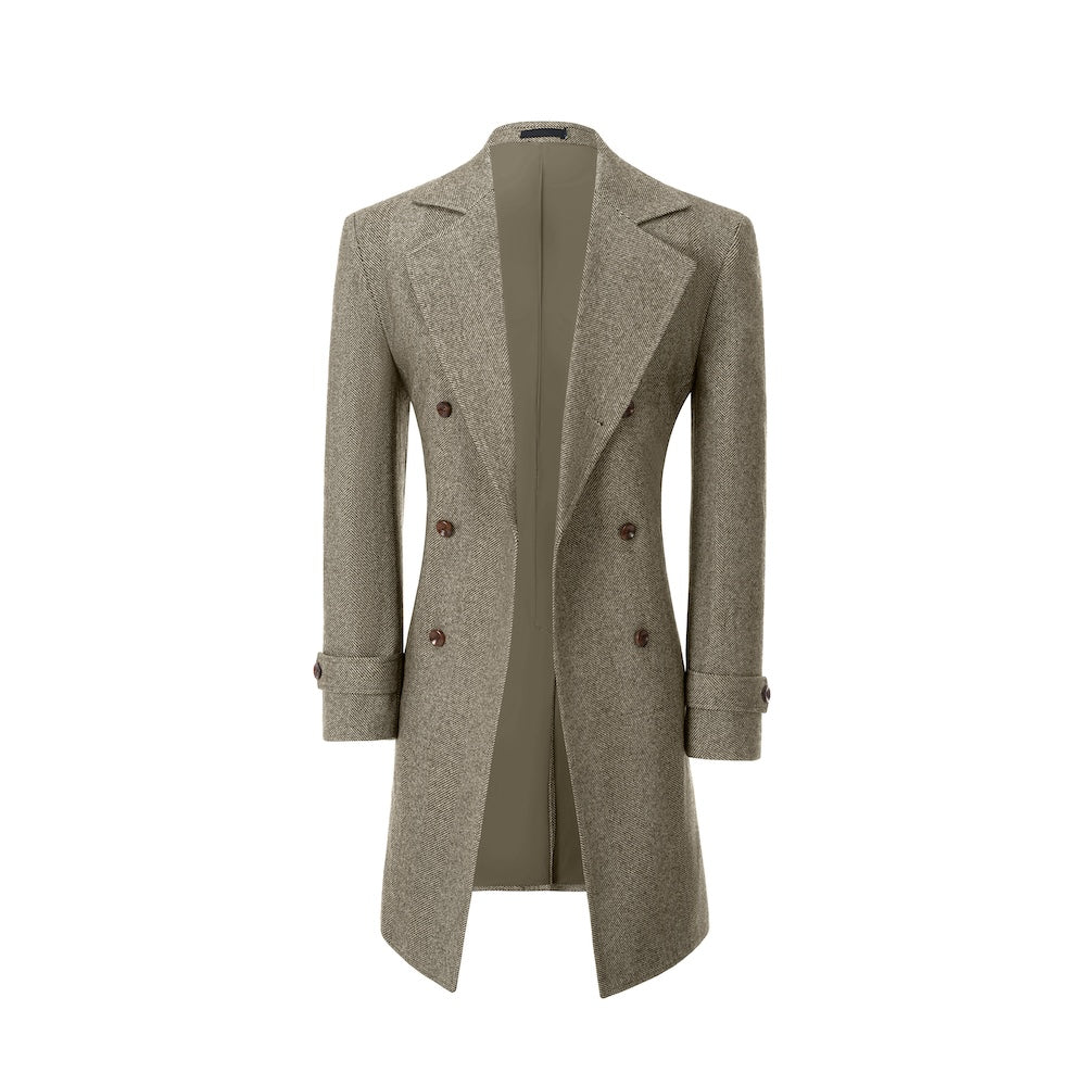 Khaki winter overcoat for men – open front wool design
