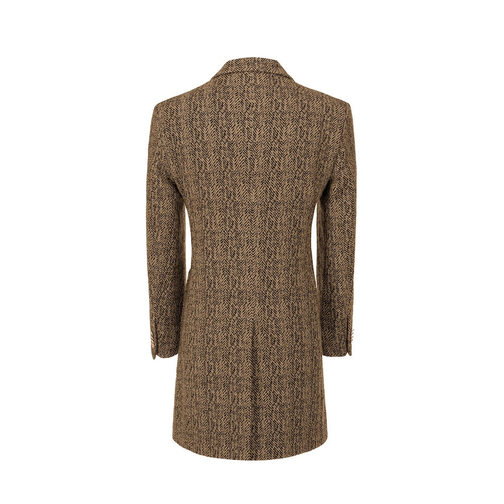 Back view of khaki wool overcoat for men – herringbone design