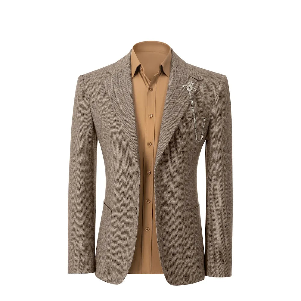 front view of khaki herringbone wool 2 piece suit blazer – featuring classic winter style with business tailoring