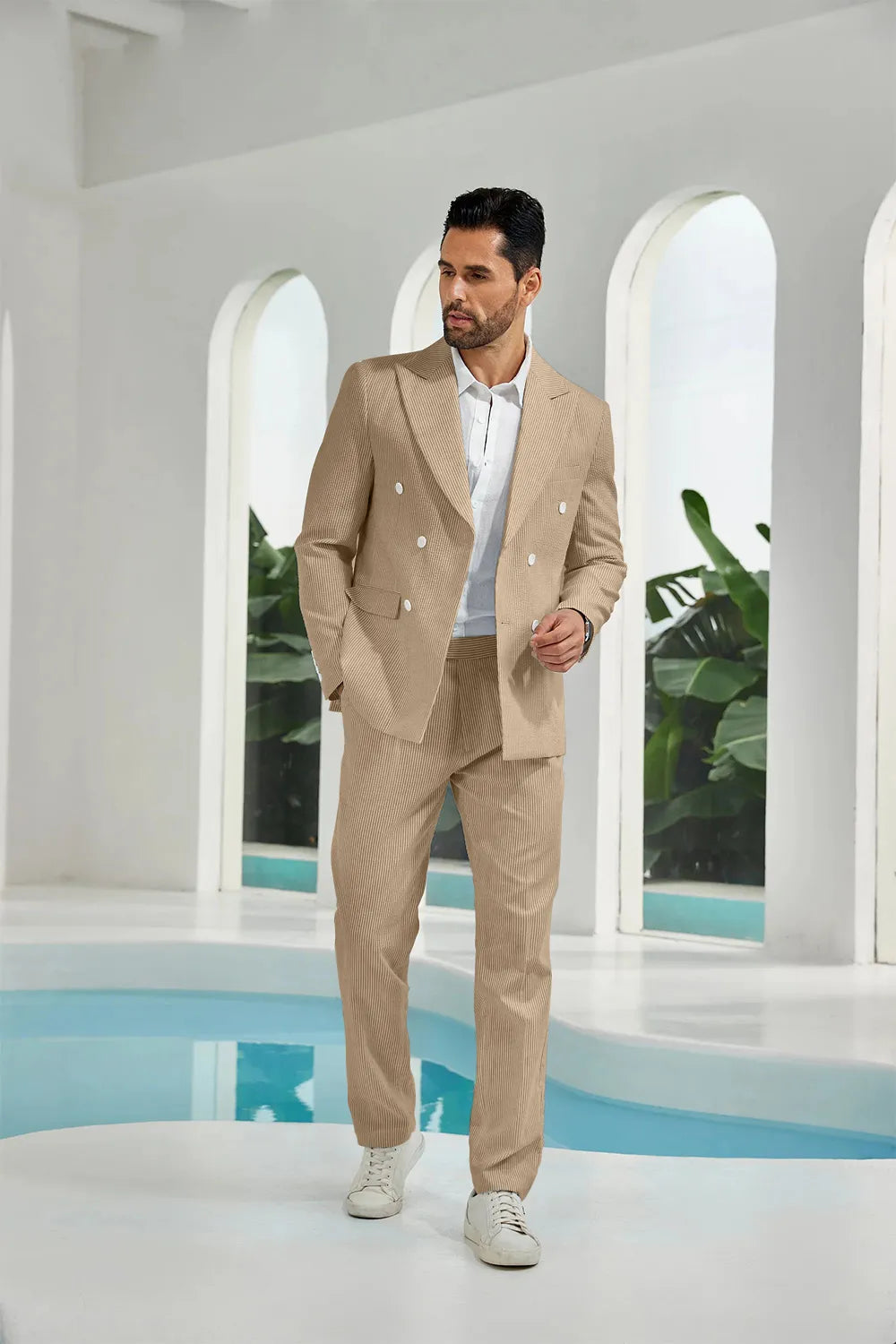 Khaki seersucker double breasted blazer pants 2 piece men's summer suit upgrade version on model