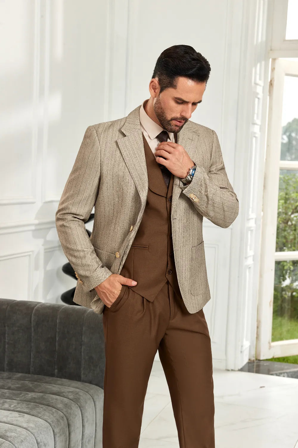 Men's Khaki Stripe Casual Blazer