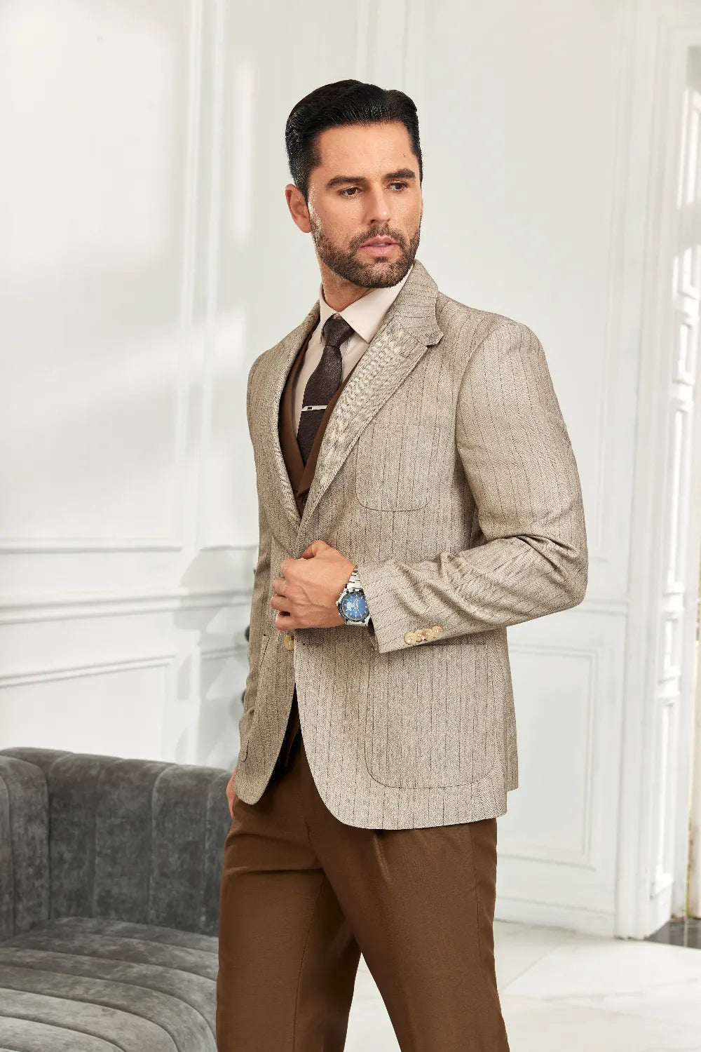 Men's Khaki Stripe Casual Blazer