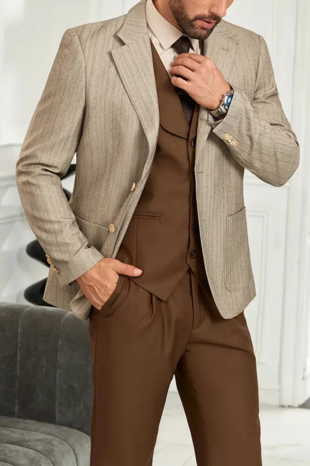 Men's Khaki Stripe Casual Blazer