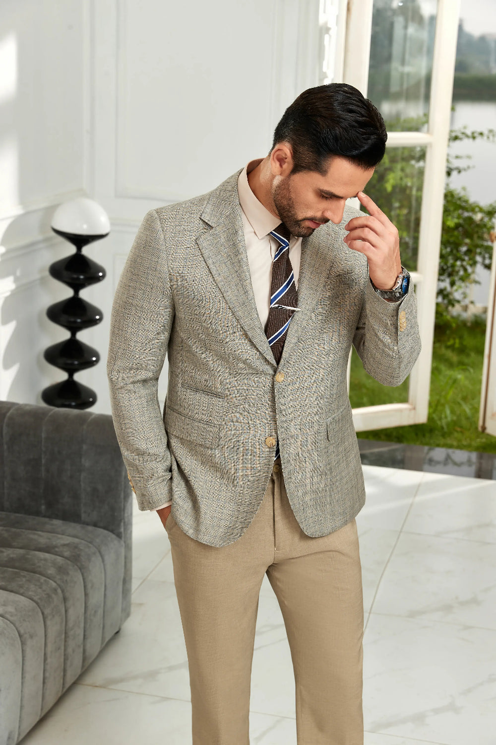 Men's Khaki Plaid Slim Fit Blazer