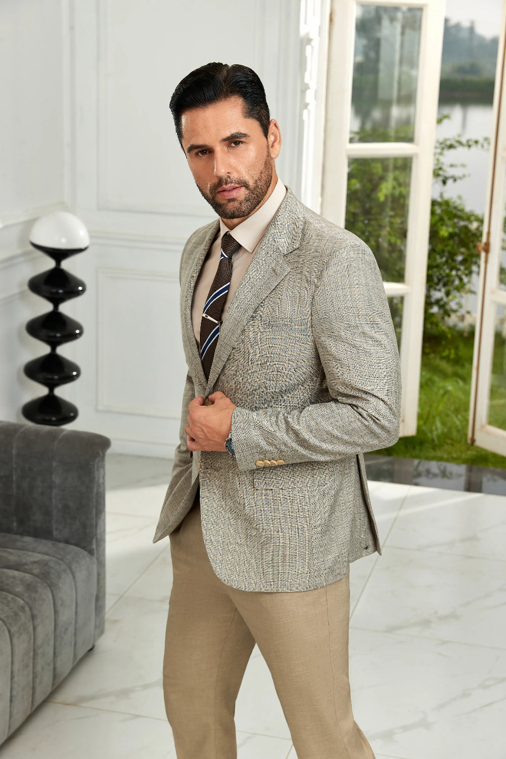 Men's Khaki Plaid Slim Fit Blazer