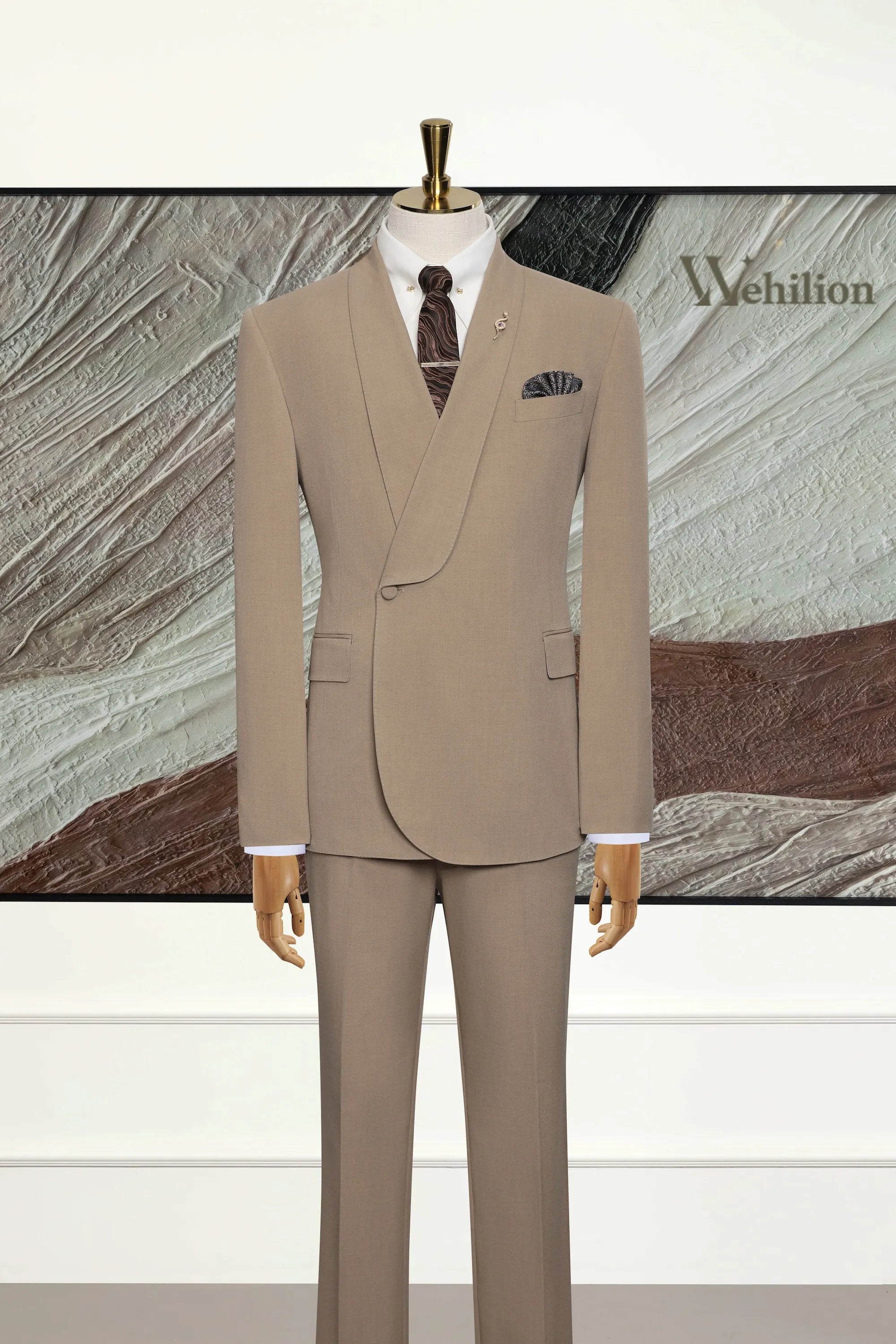 Men's Shawl Collar Khaki 2 Piece Suit