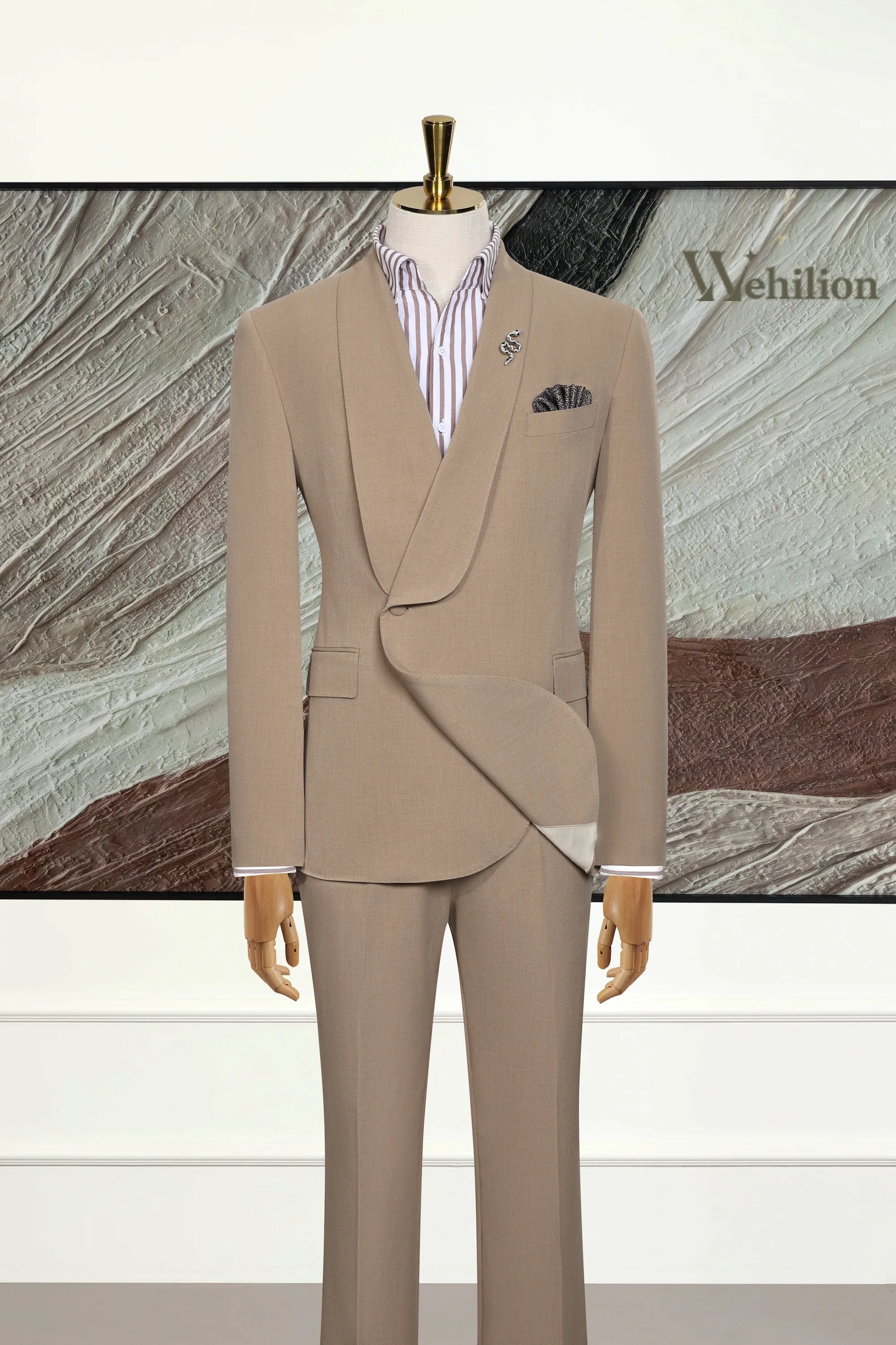 Men's Shawl Collar Khaki 2 Piece Suit