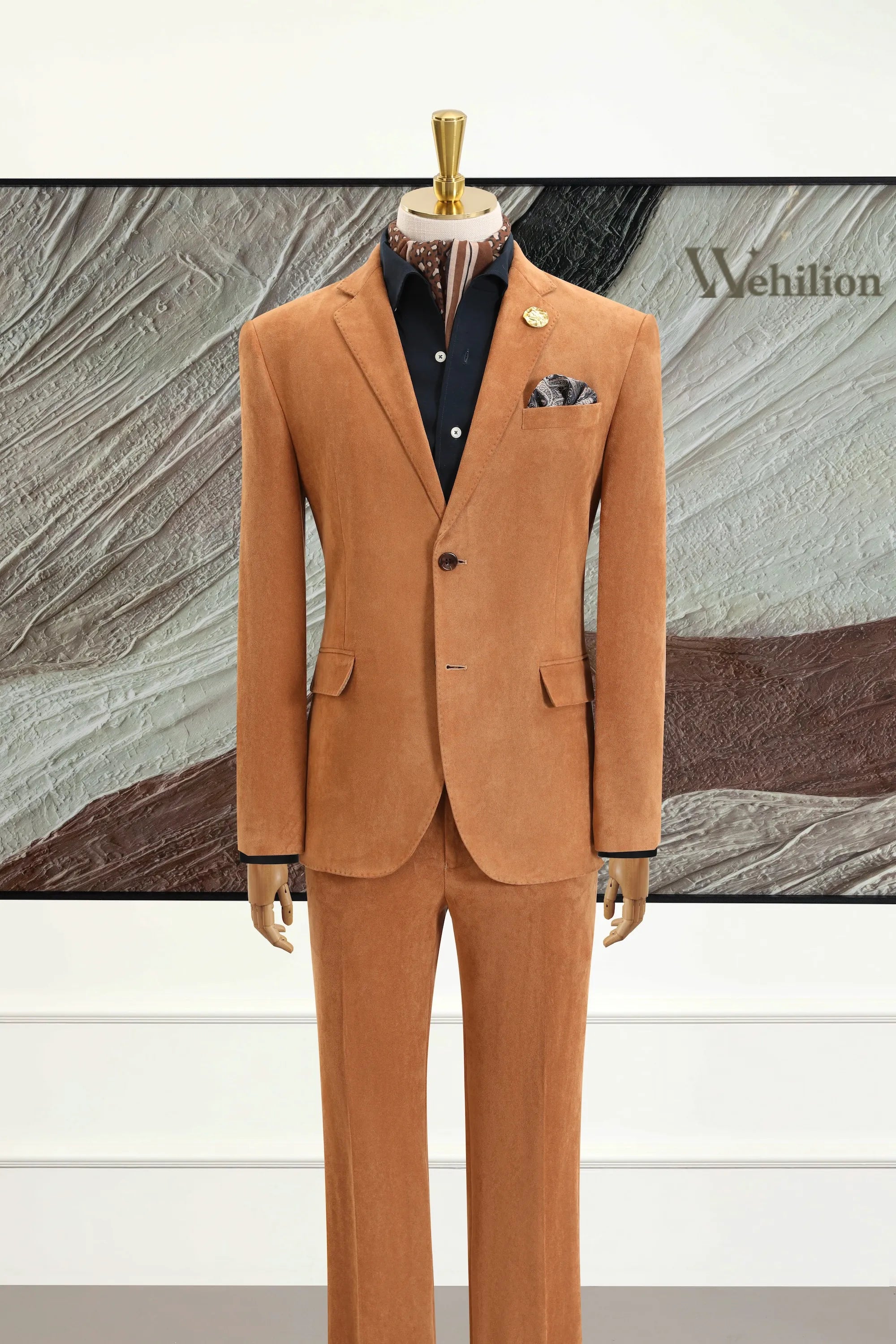 Men's Khaki Velvet 3 Piece Suit