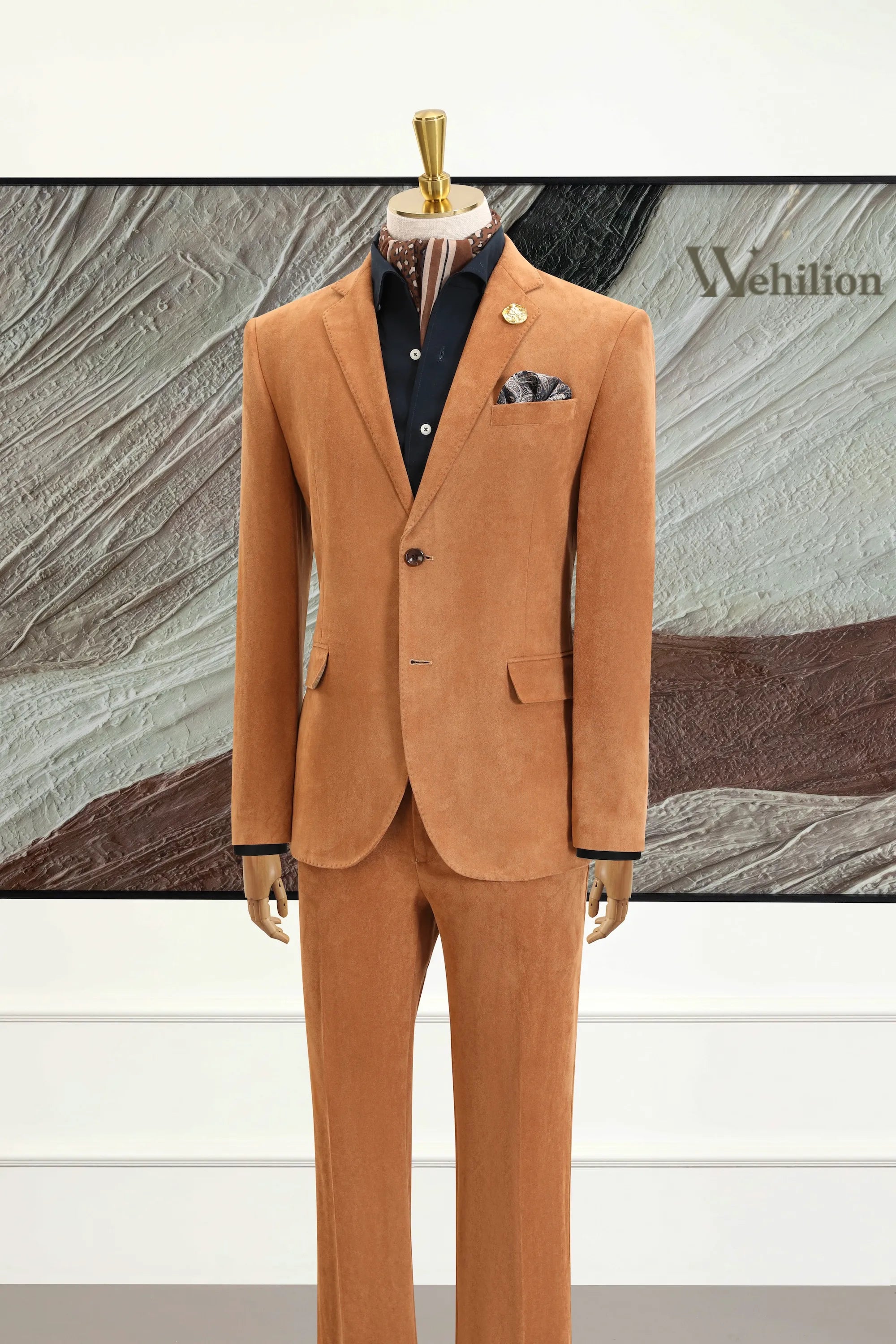 Men's Khaki Velvet 3 Piece Suit