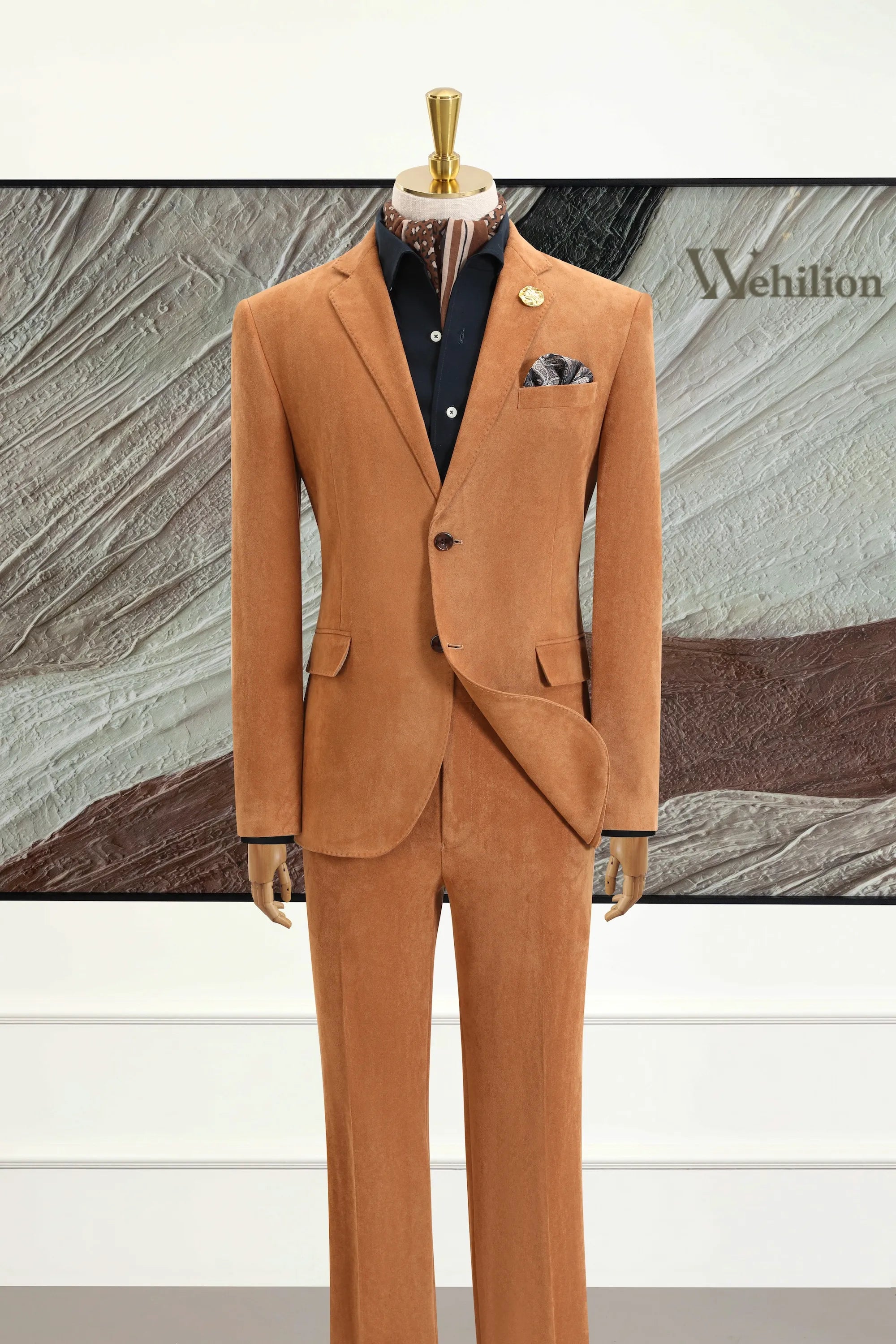 Men's Khaki Velvet 3 Piece Suit