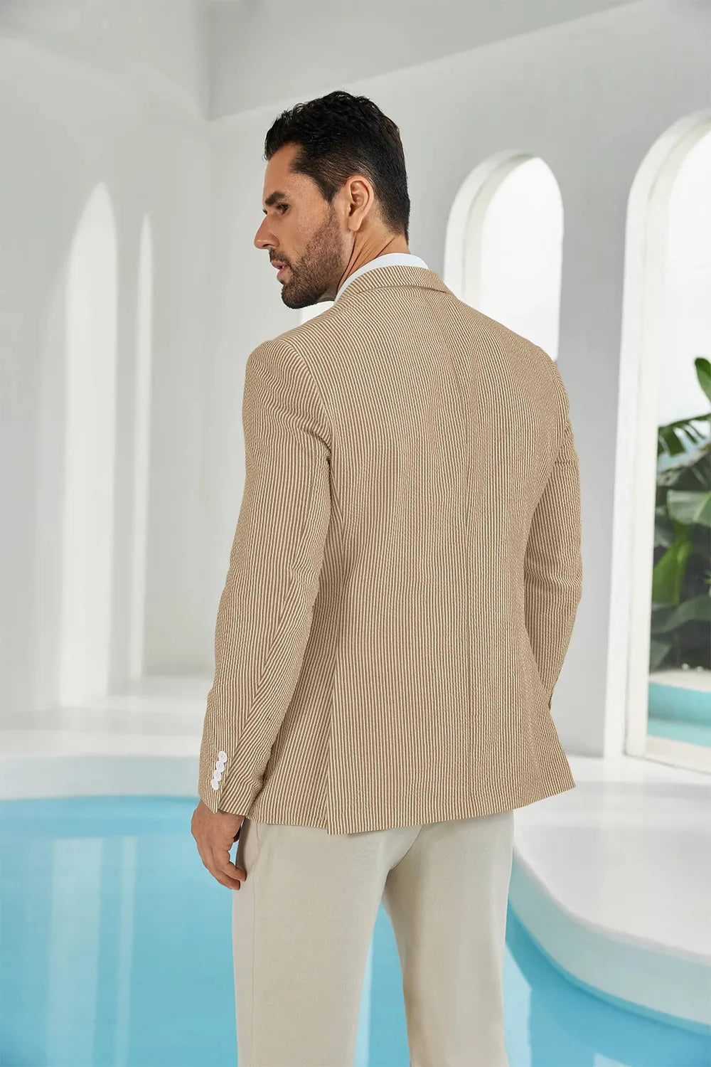 Khaki-white seersucker striped men's summer blazer back display