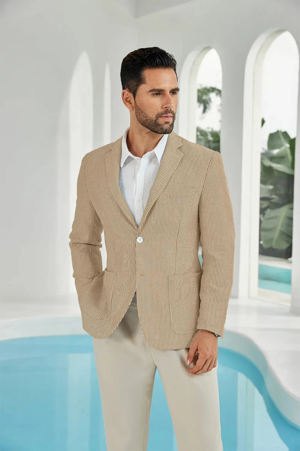 Khaki-white seersucker striped men's summer blazer close up