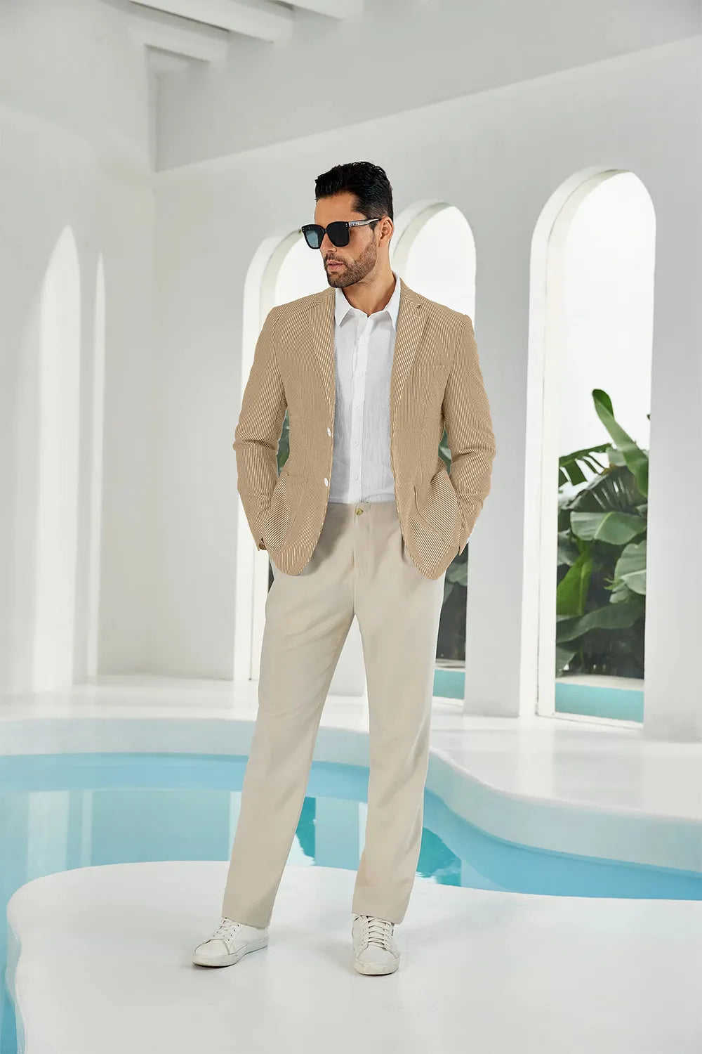 Khaki-white seersucker striped men's summer blazer front display
