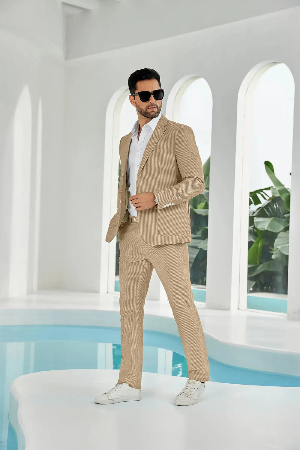 Khaki-white seersucker striped blazer pants 2 piece men's summer suit upgrade version side display