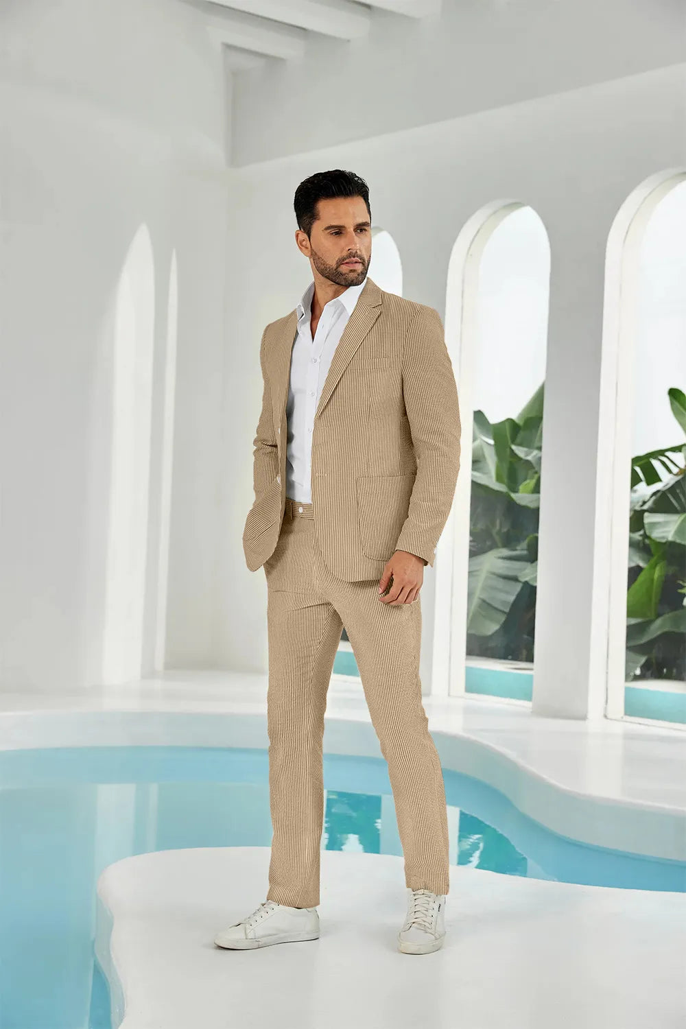 Khaki-white seersucker striped blazer pants 2 piece men's summer suit upgrade version on model