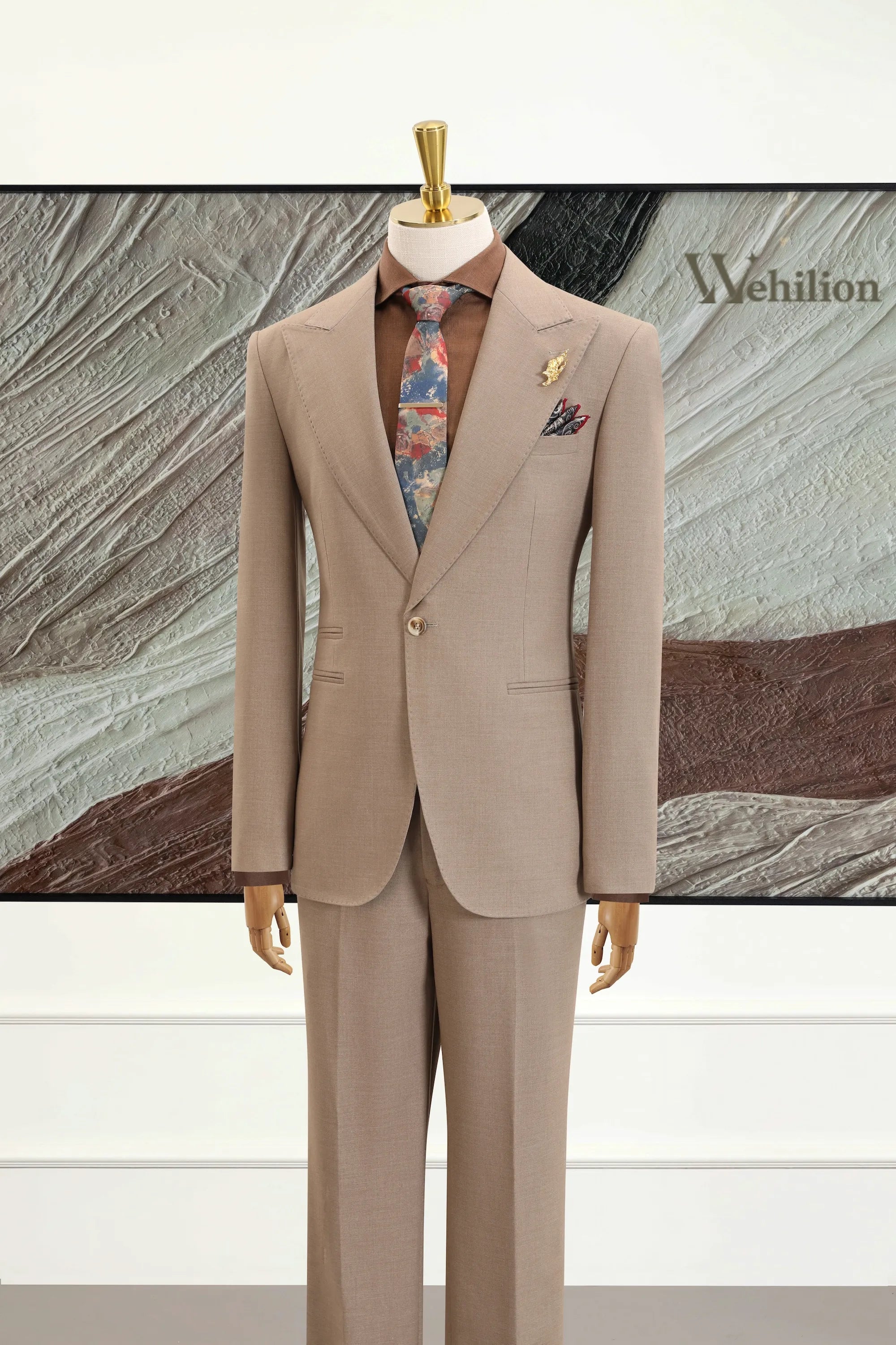 Men's Khaki Peak Lapel Woolen 2 Piece Suits