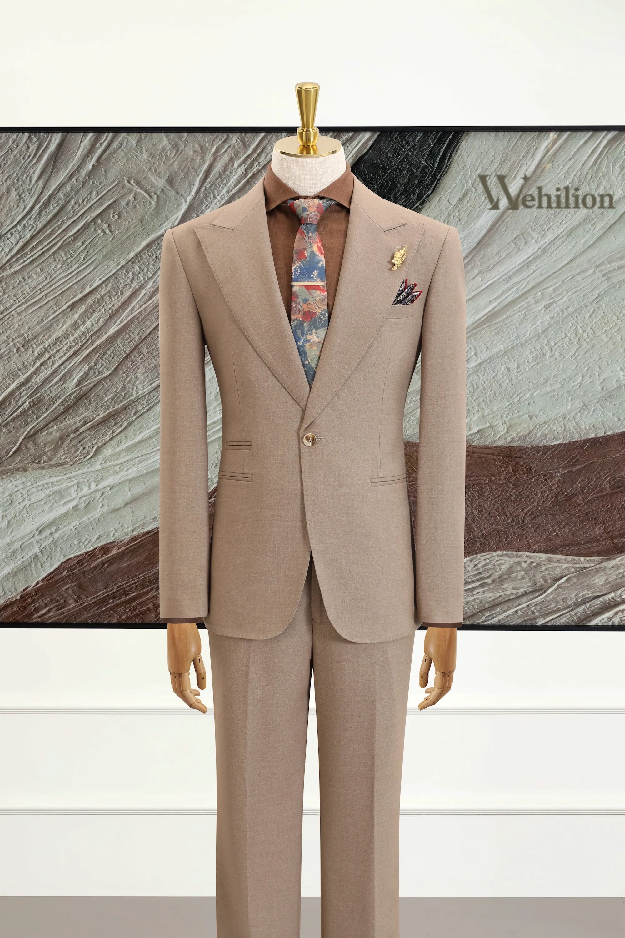 Men's Khaki Peak Lapel Woolen 2 Piece Suits