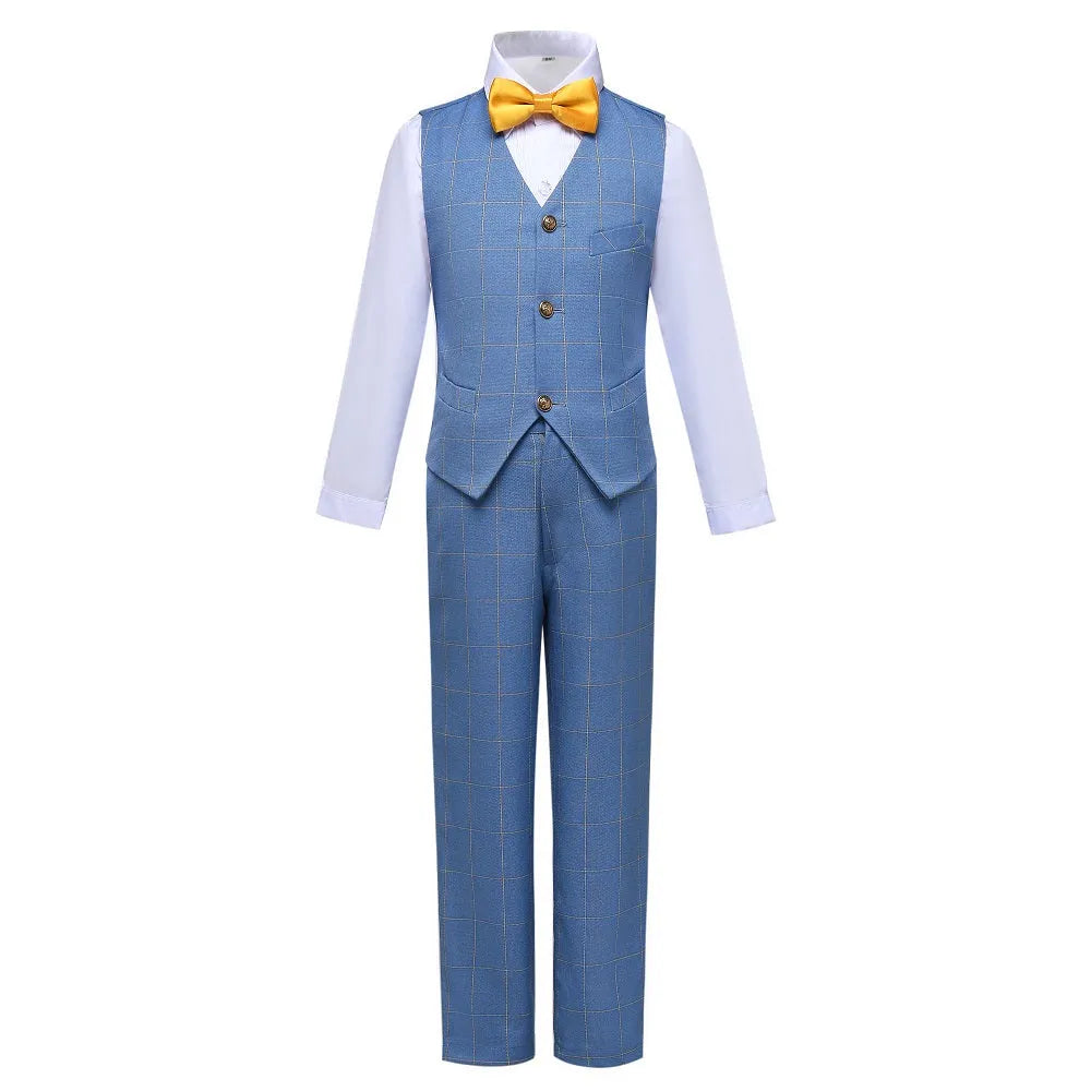 Light blue plaid boys suit vest & pants set: Formal checked design with yellow bow tie