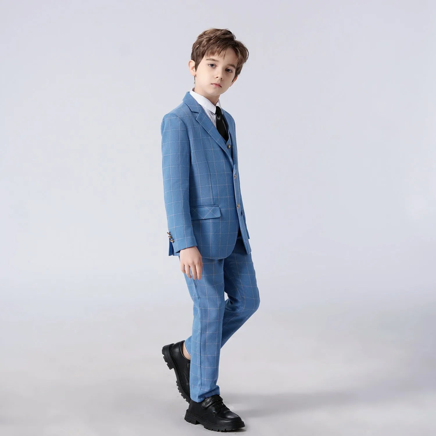 Light blue plaid boys 5-piece suit: Side profile with black tie for holiday & party