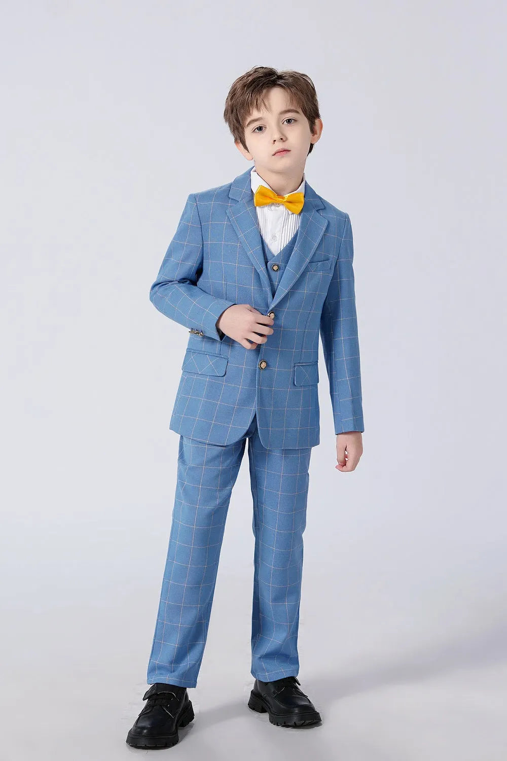 Light blue plaid boys 5-piece suit front view: Formal holiday & party outfit with yellow bow tie
