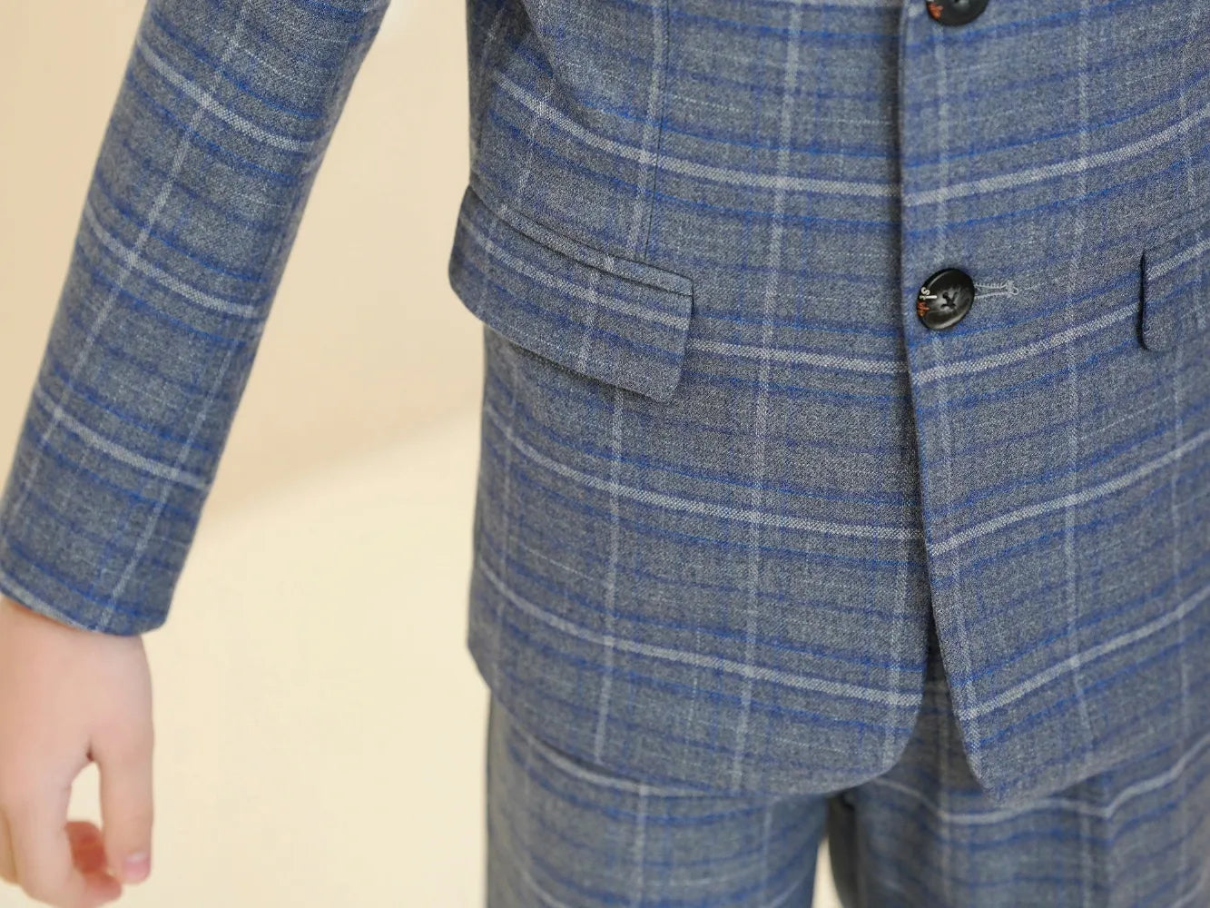 Kids plaid suit: Blue & white checked blazer with pocket and button detail