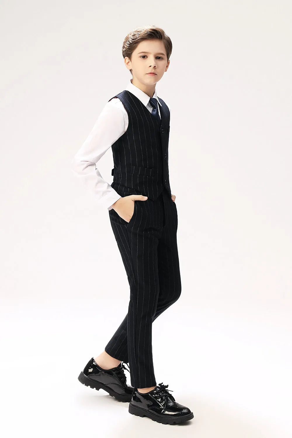 Slim fit navy striped vest and pants with white shirt – elegant boys' formalwear for events