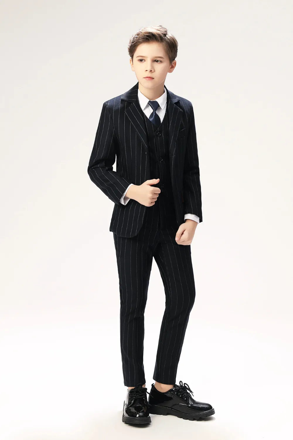 Navy pinstripe 5 piece boy's suit with blazer, vest, shirt, tie and pants – classic slim fit style
