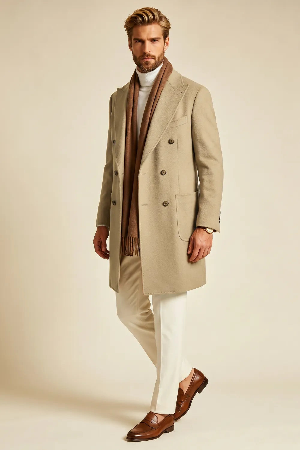 Men's Classic Beige Double-Breasted Overcoat