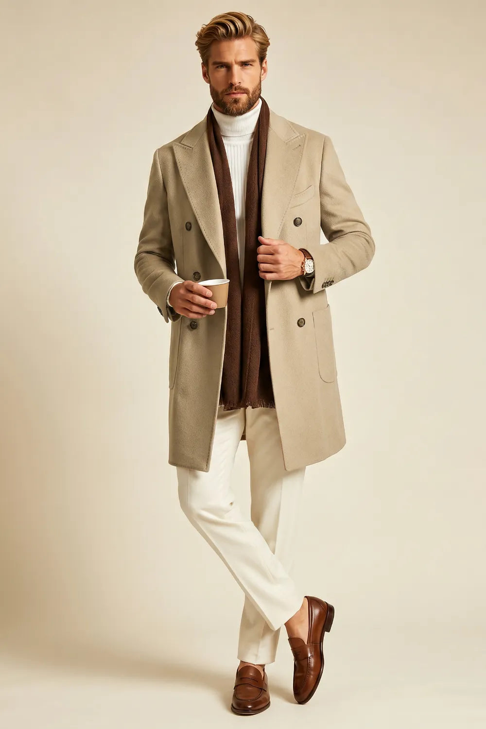 Men's Classic Beige Double-Breasted Overcoat