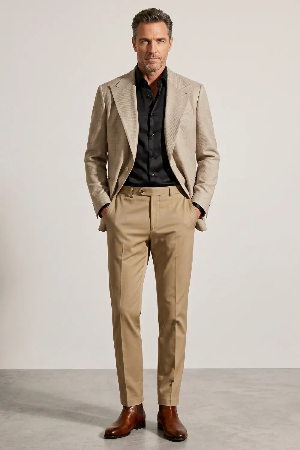 Men's Beige Textured Peak Lapel 2-Piece Suit