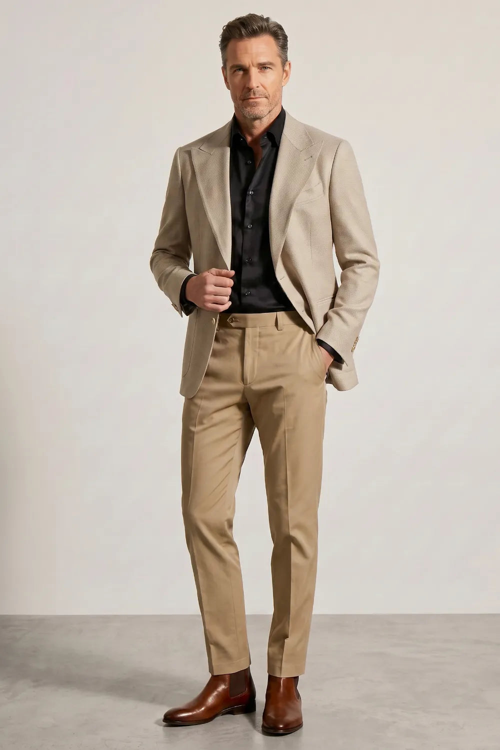 Men's Beige Textured Peak Lapel 2-Piece Suit