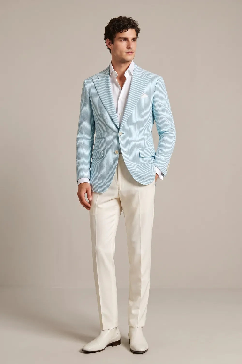 Men's Light Blue Striped Peak Lapel Seersucker Blazer