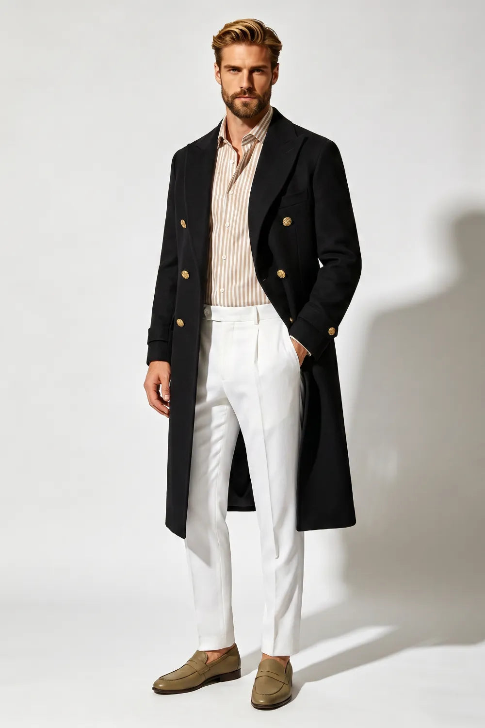 Men's Tailored Black Peak Lapel Long Coat
