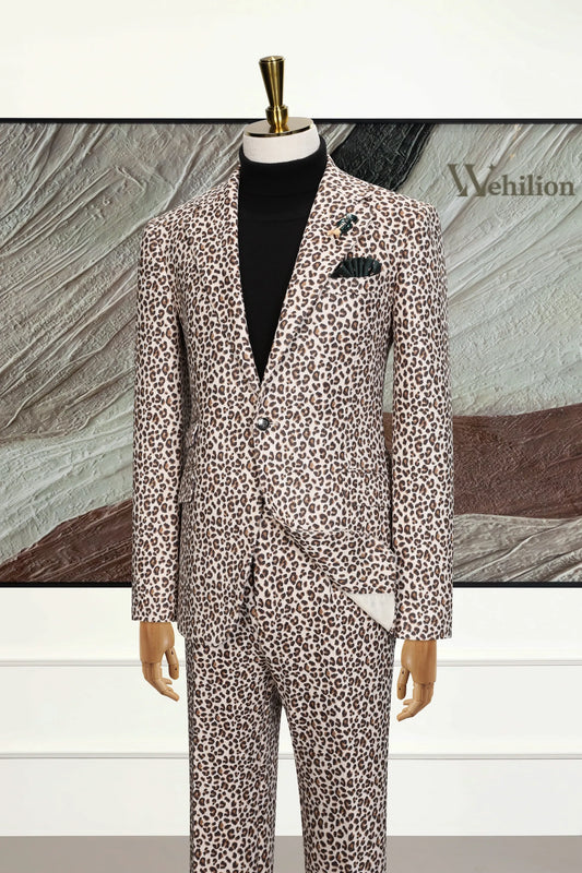 Men's Off-white Leopard Print 2-piece Suit