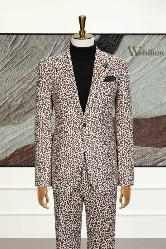Men's Off-white Leopard Print 2-piece Suit