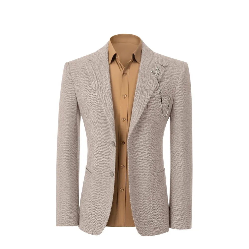 front view of light beige herringbone wool 2 piece suit blazer – showcasing classic business winter fit with tailored details