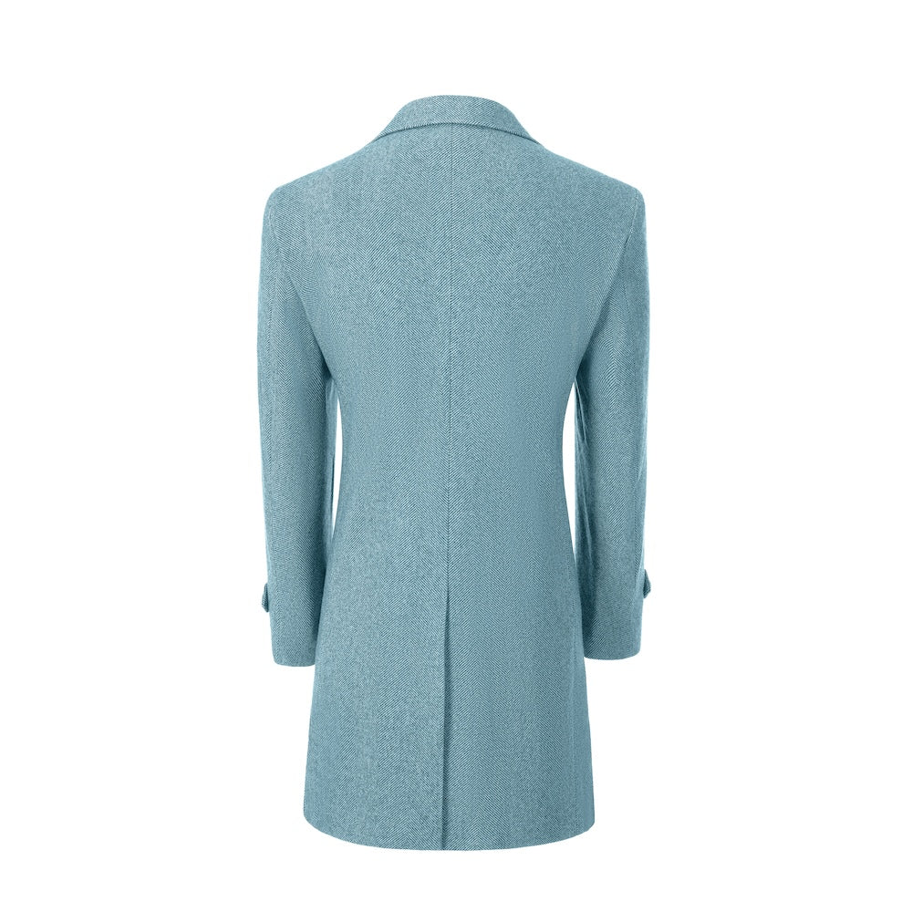 Light blue back view of long coat for men – tailored winter style