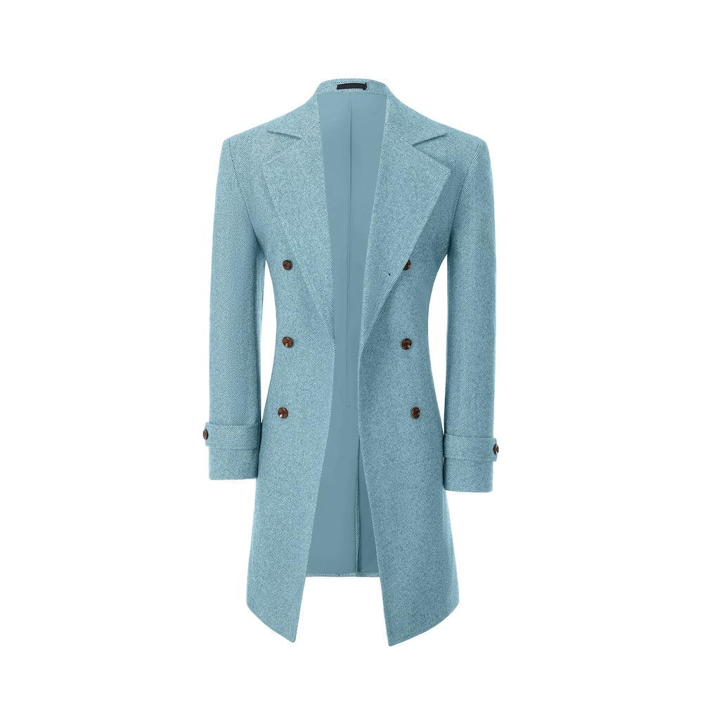 Light blue winter overcoat for men – open front wool design