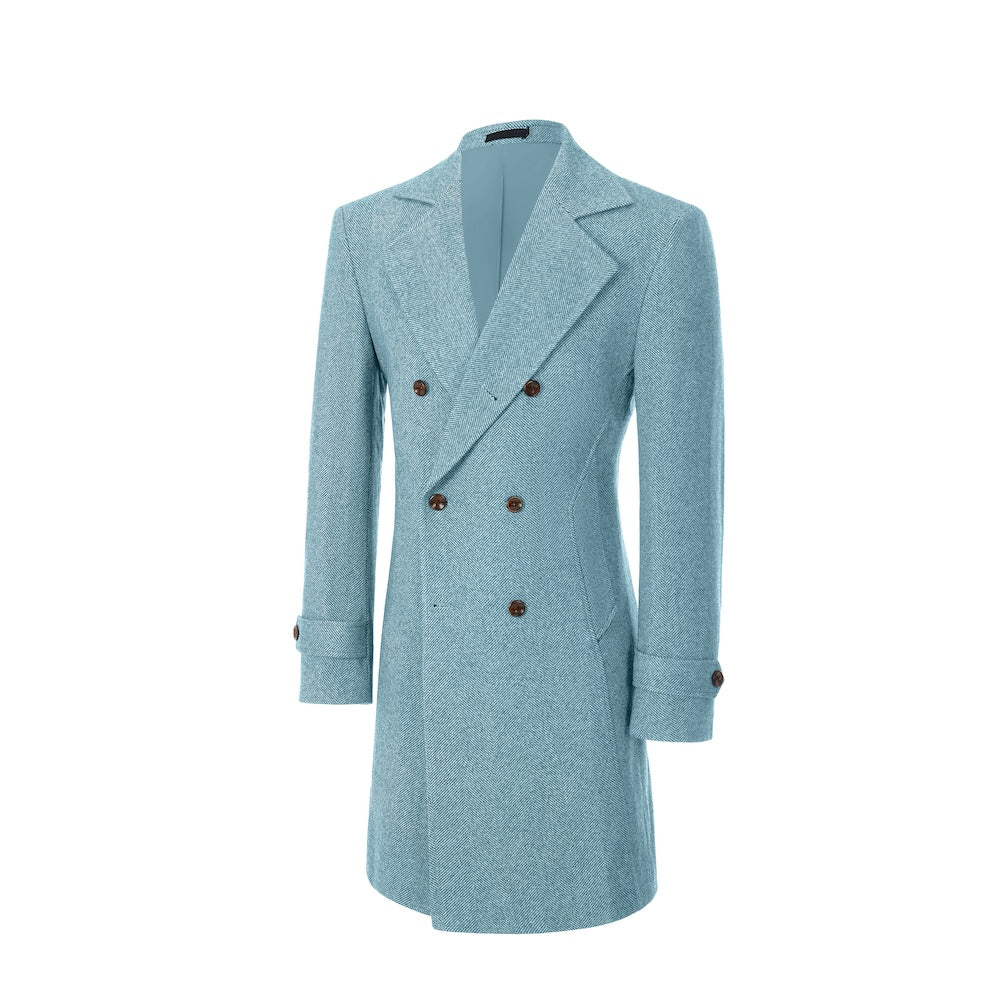 Light blue double-breasted outdoor coat for men – angled side view