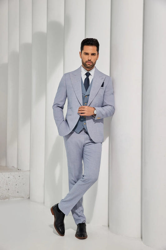 full view of men's light blue summer 2-piece suit, including blazer and pants, perfect for casual events and warm weather.