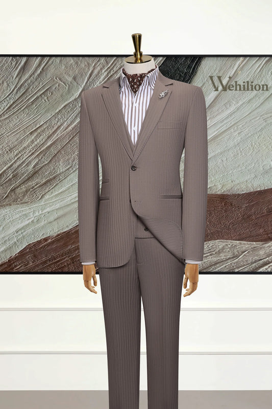 Men's Light Brown Stripe Wool Blend 3 Piece Suits